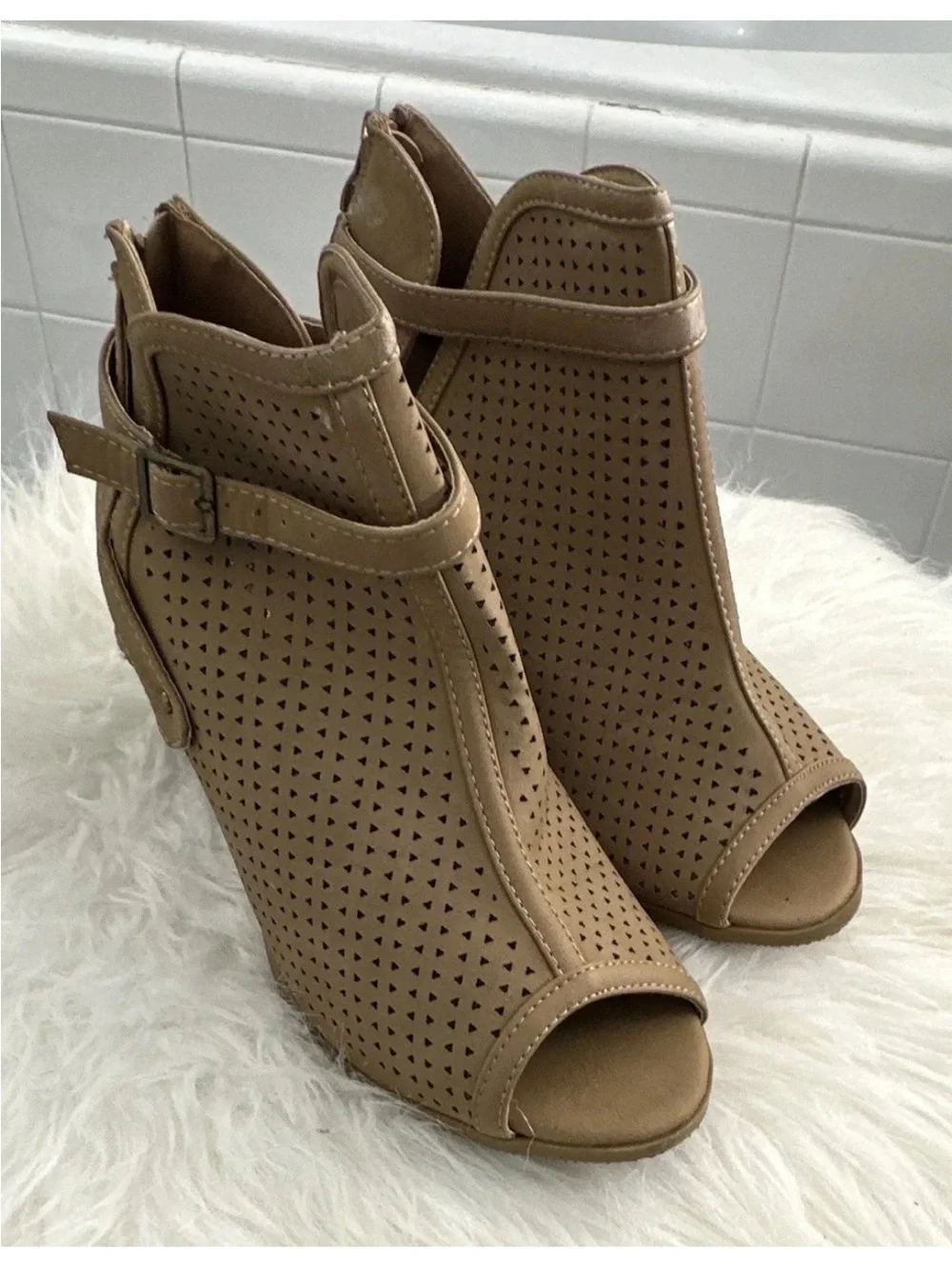 TOP Moda Tan Perforated Peep-Toe Wedge Booties